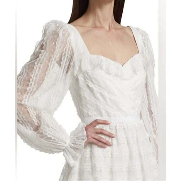 ML Monique Lhuillier White Lace Bishop-Sleeve Mini Dress Sz 0 — Bridal - Picture 2 of 10
